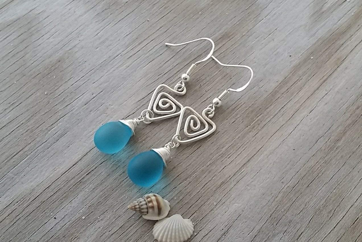 Handmade Sea Glass Earrings, Hawaiian Jewelry, Wire Turquoise Earrings Blue Earrings Teardrop Earrings, Sea Glass Jewelry for Women Birthday Gift for Her (December Birthstone Jewerly)