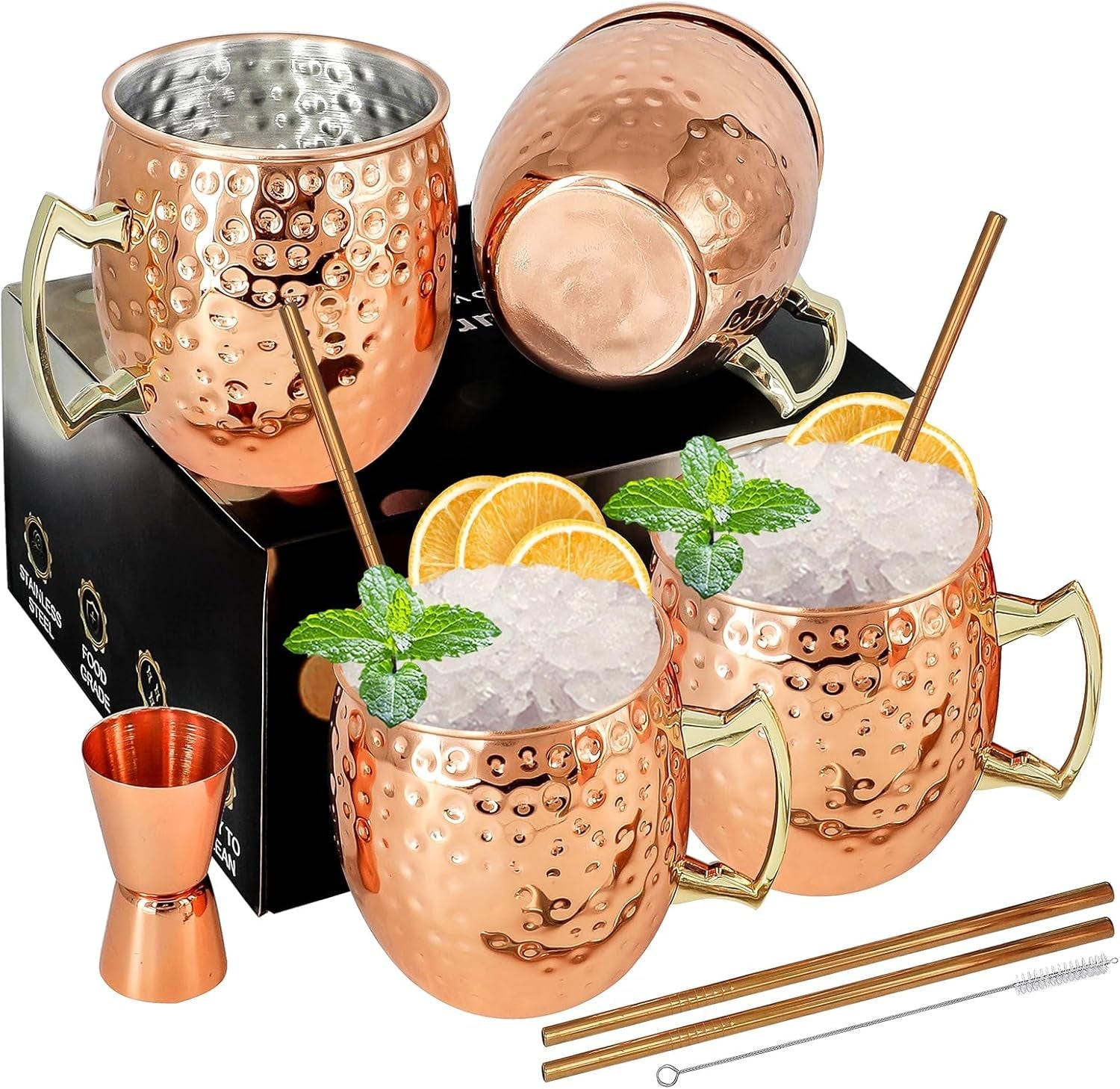 Moscow Mule Mugs Copper Mule Cup Kit 18Oz Set of 4 with Handle Large Copper Hammered Plating Cups with 0.5Oz Double Jigger, Stainless Steel Straws, Spoon for Cold Drinks Cocktails Wine