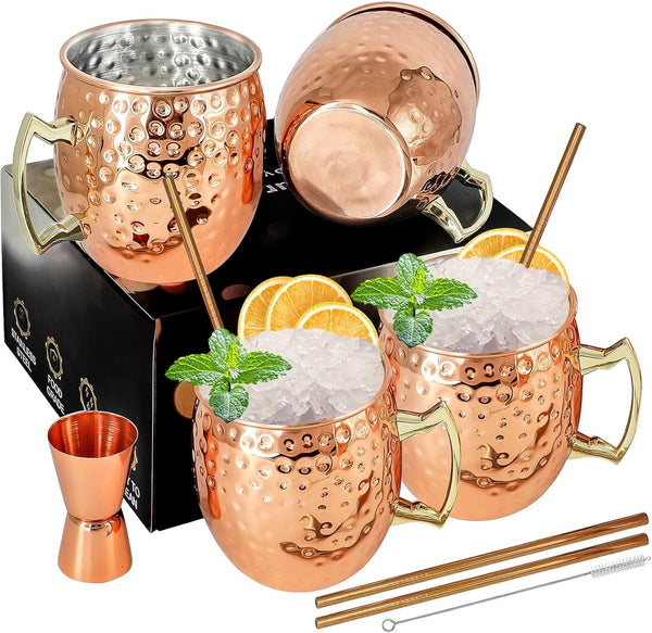 Moscow Mule Mugs Copper Mule Cup Kit 18Oz Set of 4 with Handle Large Copper Hammered Plating Cups with 0.5Oz Double Jigger, Stainless Steel Straws, Spoon for Cold Drinks Cocktails Wine