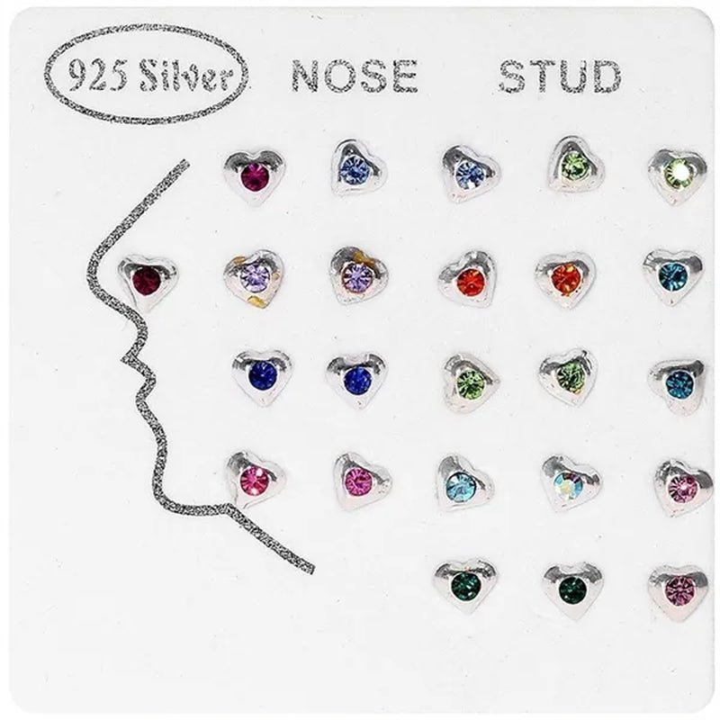 Sterling Silver Clear Crystal Heart Shape Bone Stud Pin Hoop Piercing Nose Ring Earrings