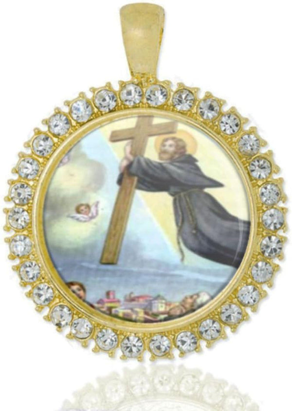 St Joseph of Cupertino Christian round Medal Gold Tone Pendant with Rhinestones