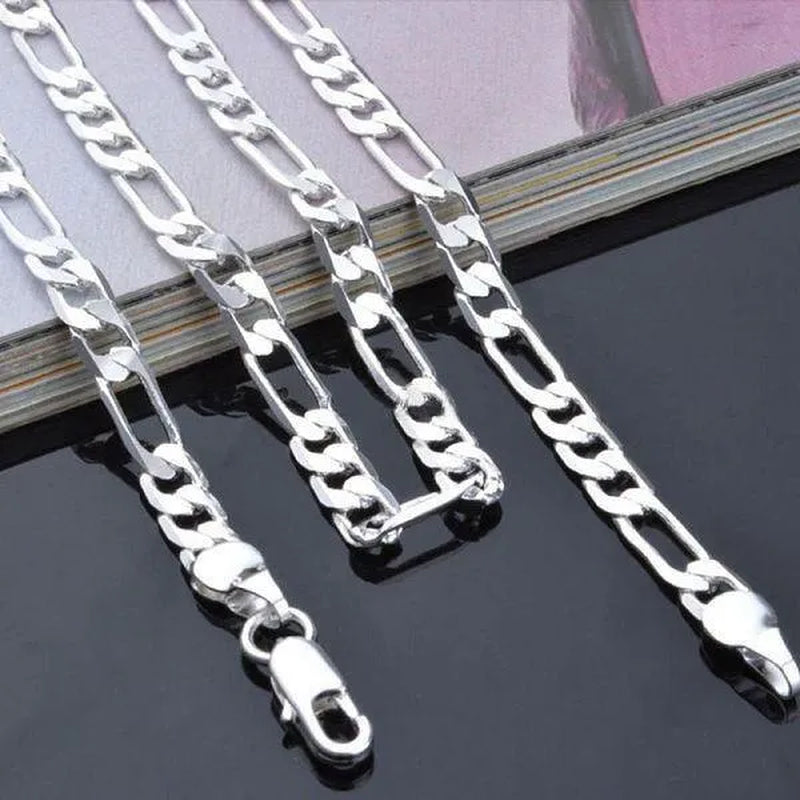 2Pcs/Set(Bracelet+Necklace) 925 Sterling Silver Charms Men Women Figaro Curb Lobster Clasps Link Chain Bracelet and Necklace Fashion Exquisite Jewelry Gifts
