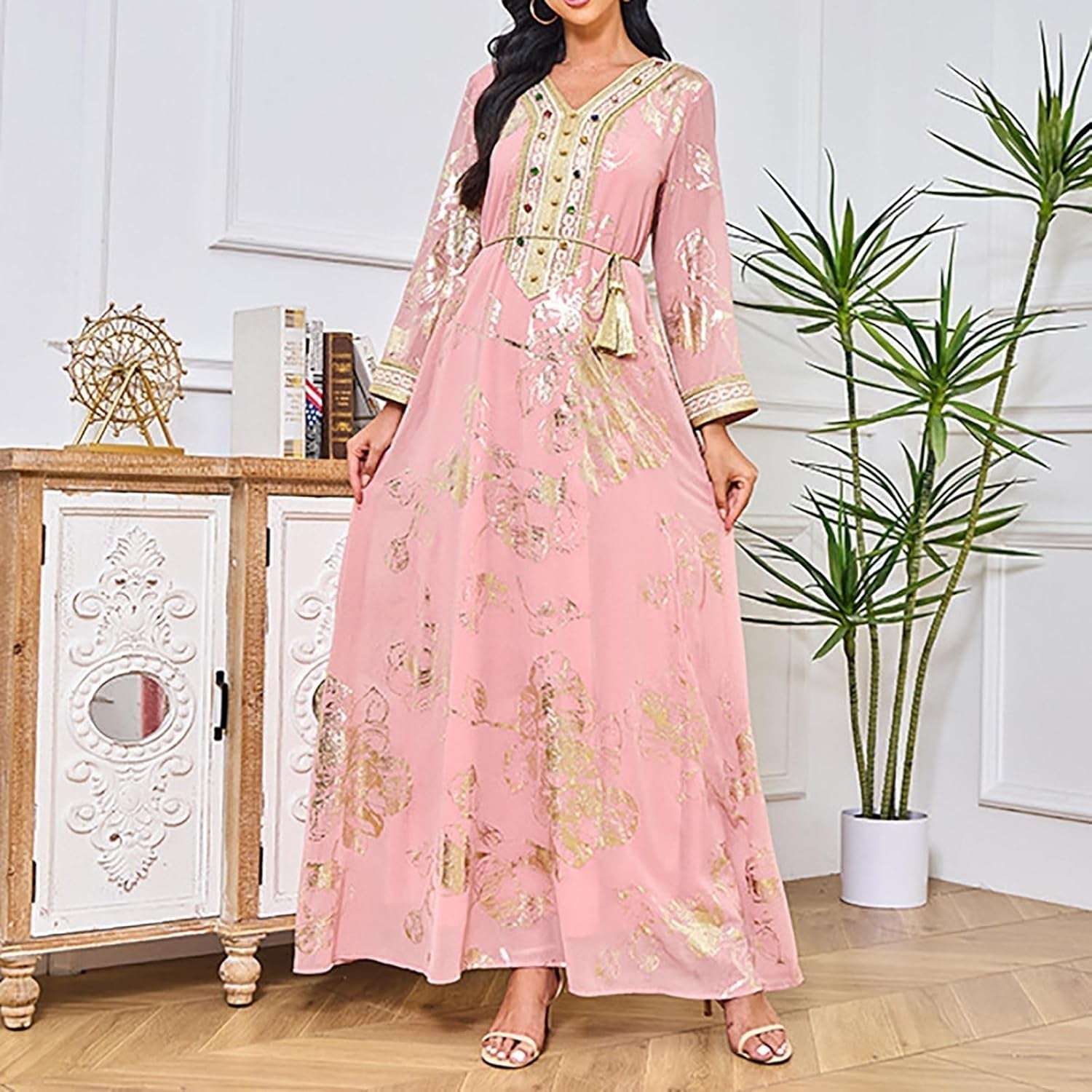 Women'S Chiffon Kaftan Abaya Dress Muslim Long Sleeve Self Tie Flowy Maxi Dress Abaya Casual Dress Dubai Outfits