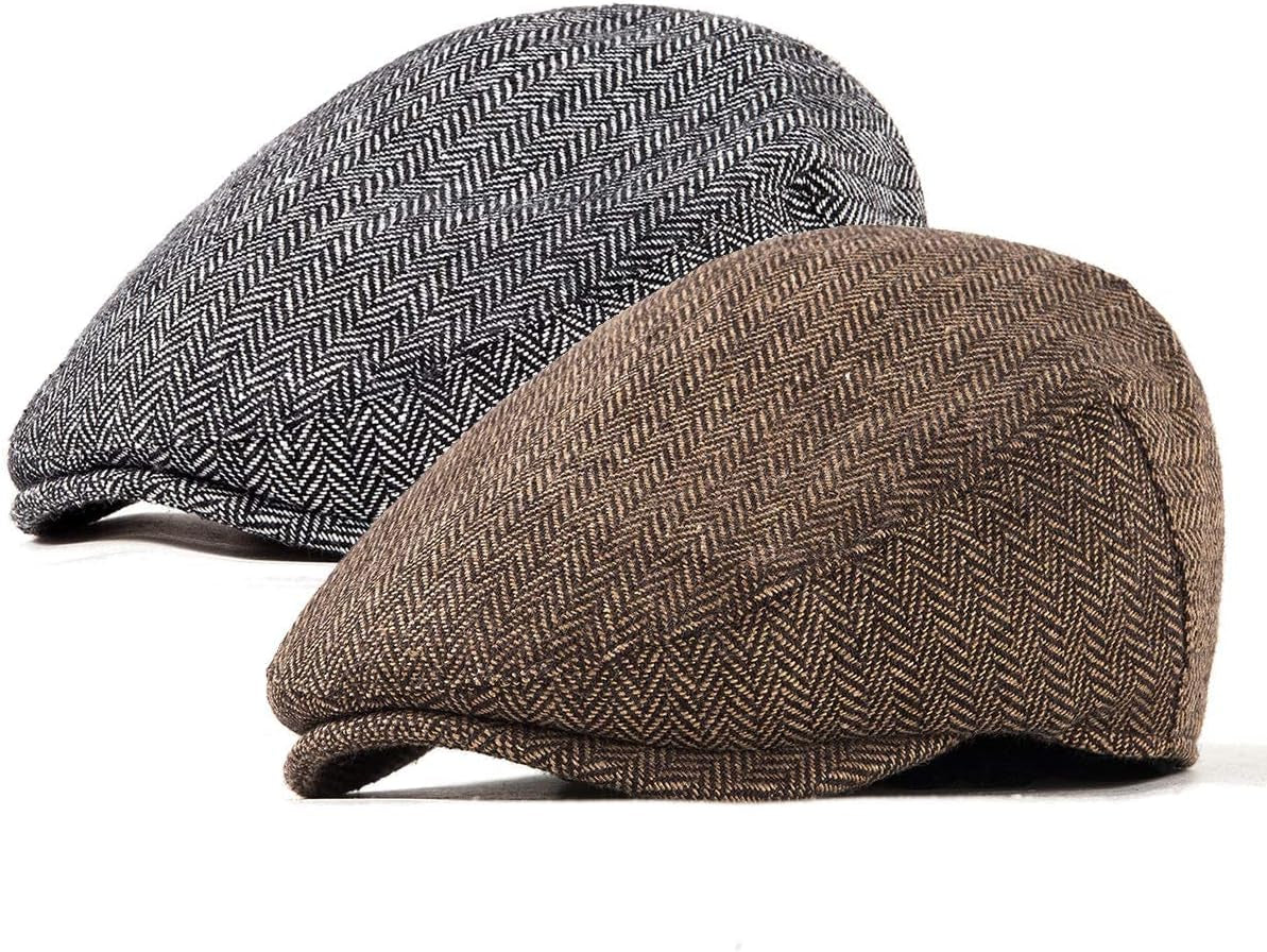 2Pack Adjustable Newsboy Hats for Men Flat Cap Irish Cabbie Wool Blend Tweed