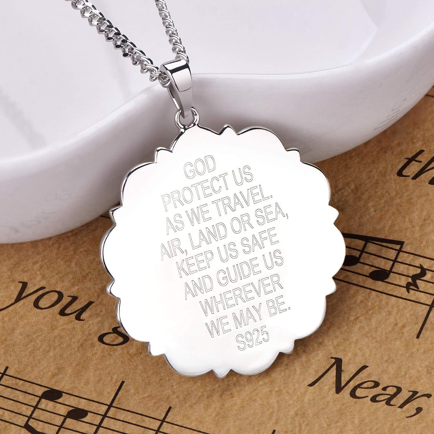 St Christopher Necklace Solid 925 Sterling Sliver Engraved Pendant round Religious Talisman Jewelry for Women