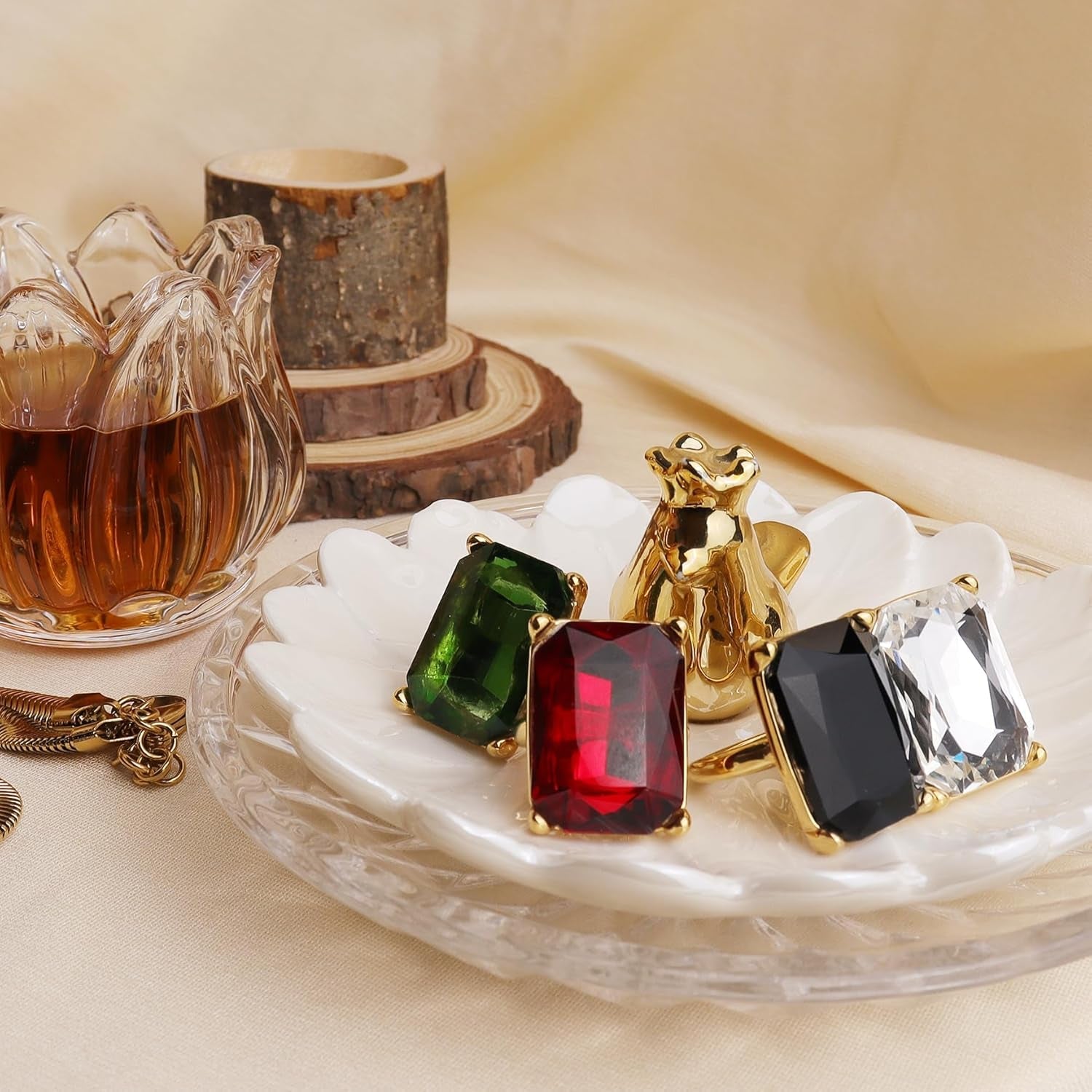 Gold Exaggerated Emerald CZ Crystal Rings for Women, Statement Costume Jewelry Gift