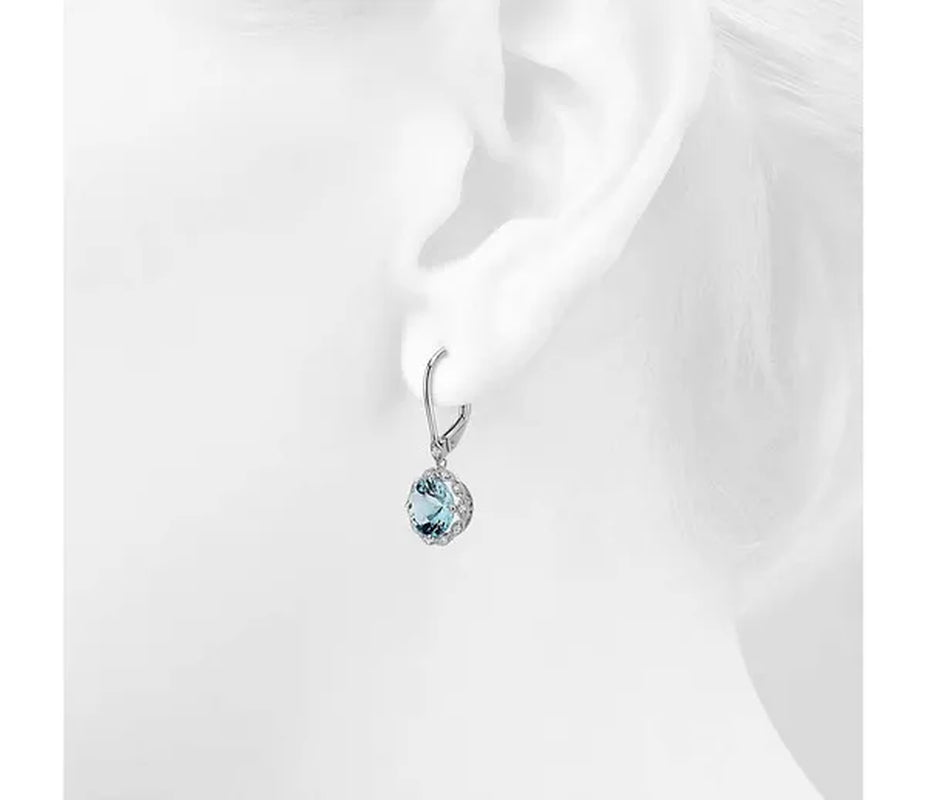 Women Fashion Sterling Silver Earrings Jewelry Natural Gemstone Aquamarine Dangle Hoop Earrings Diamond Floral Earrings