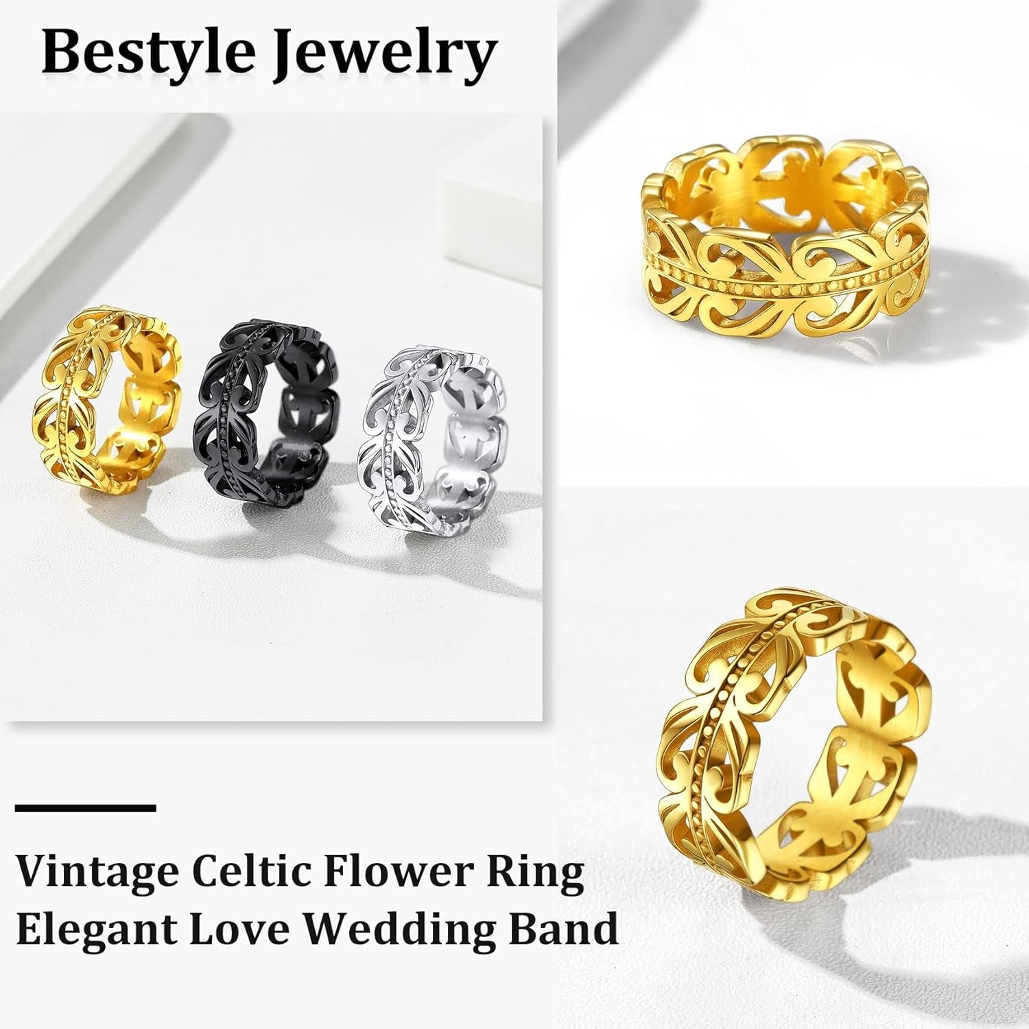 Celtic Rings in Three Classic Style, Solid Stainless Steel Band Ring in Gold/Silver/Black Tone, Simple Celtic Knot Eternity Finger Ring for Friendnship Wedding Engagement Promise