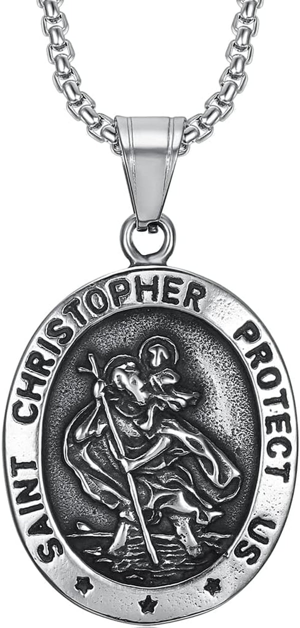 Retro Vintage Stainless Steel Saint Christopher Protect Us Holy Cross Religious Pendant Necklace