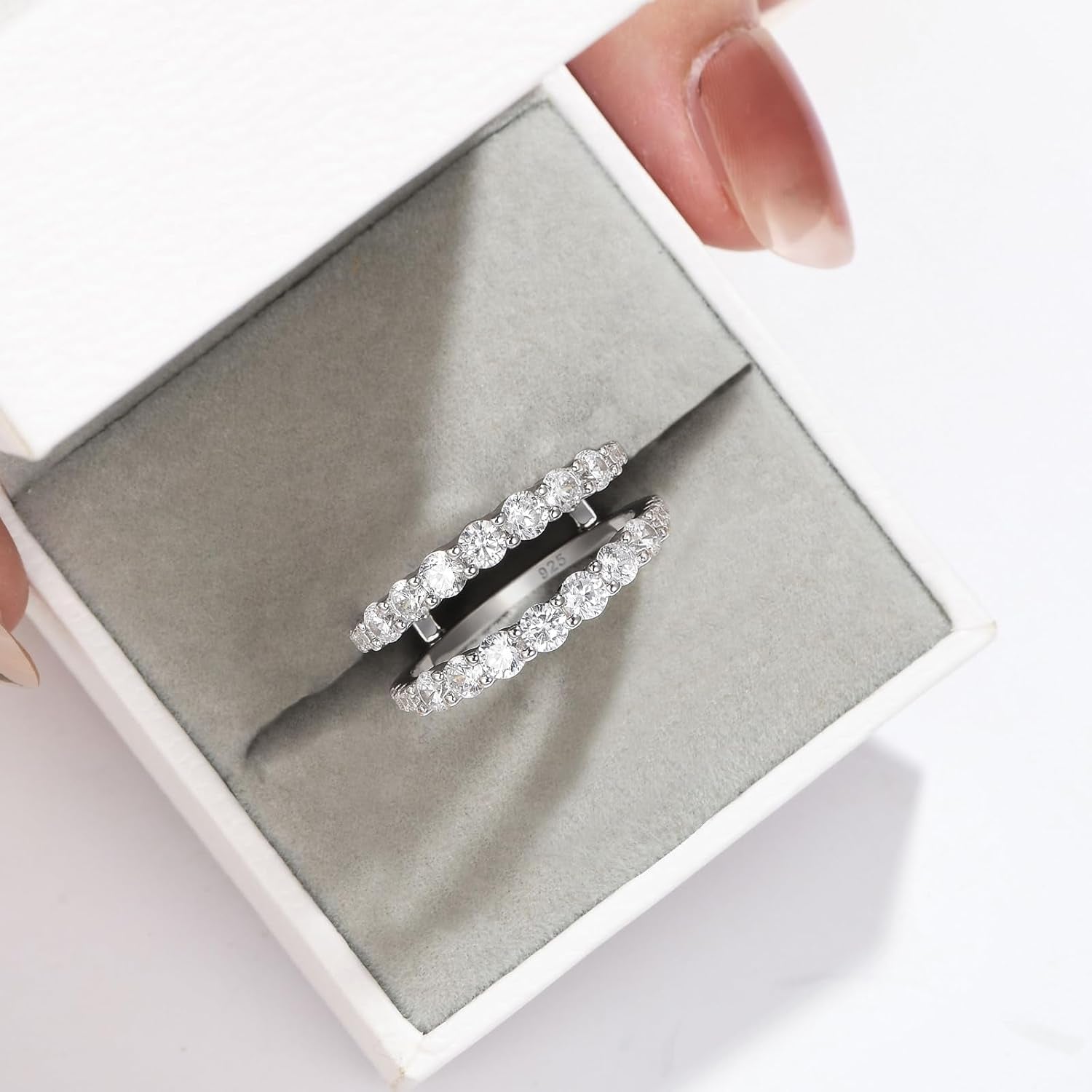 Ring Enhancer for Engagement Rings Two Row Sterling Silver Wedding Bands for Women Stackable Cubic Zirconia