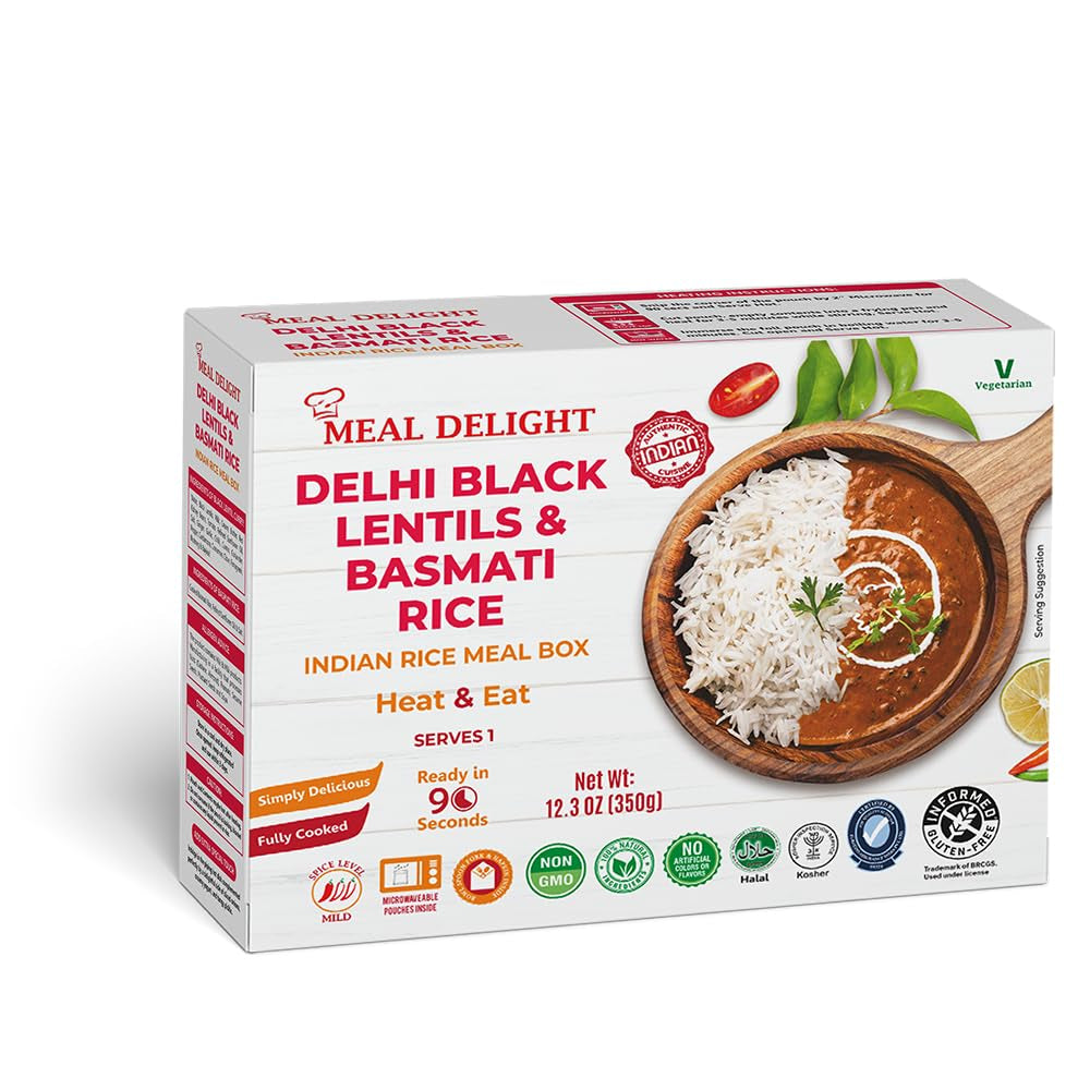 Indian Cuisine Ready to Eat Meals Pack of 6, 12.3Oz- Basmati Rice with Black Lentil Curry - Microwavable No Preservatives, Heat and Eat Meal Box Ready in 90 Seconds