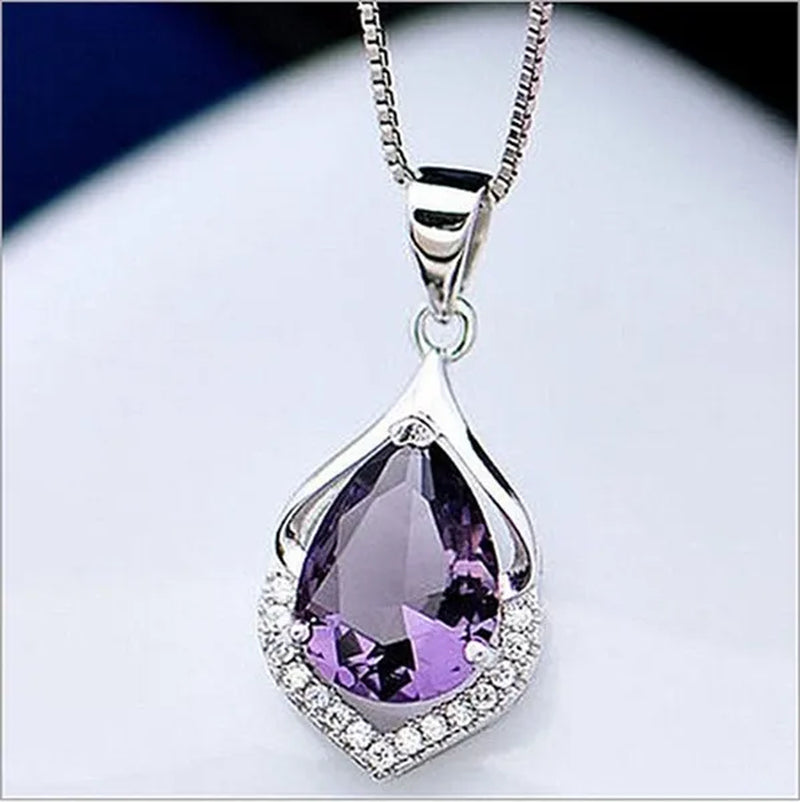 Fashionable and Noble 925 Pure Silver Diamond Lady Necklace Long Pendant Elegant Natural Amethyst Clavicle Chain