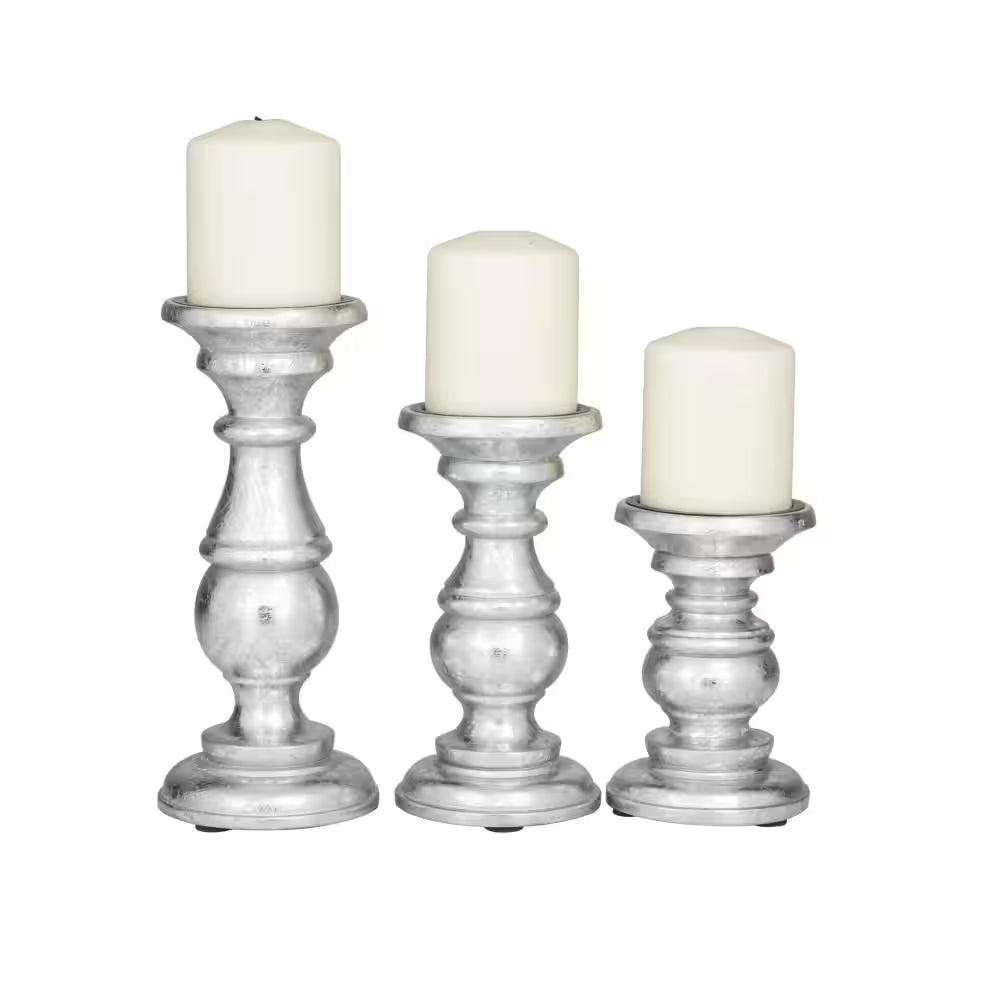 Silver Mango Wood Turned Style Pillar Candle Holder (Set of 3)