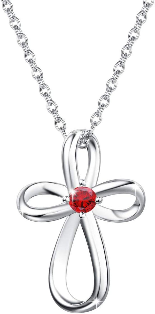 White Gold Plated 925 Sterling Silver Birthstone Open Loop Celtic Ribbon Cross Crucifix Infinity Pendant Necklace Cute Gifts for Women Girls, 16" + 2" Extender