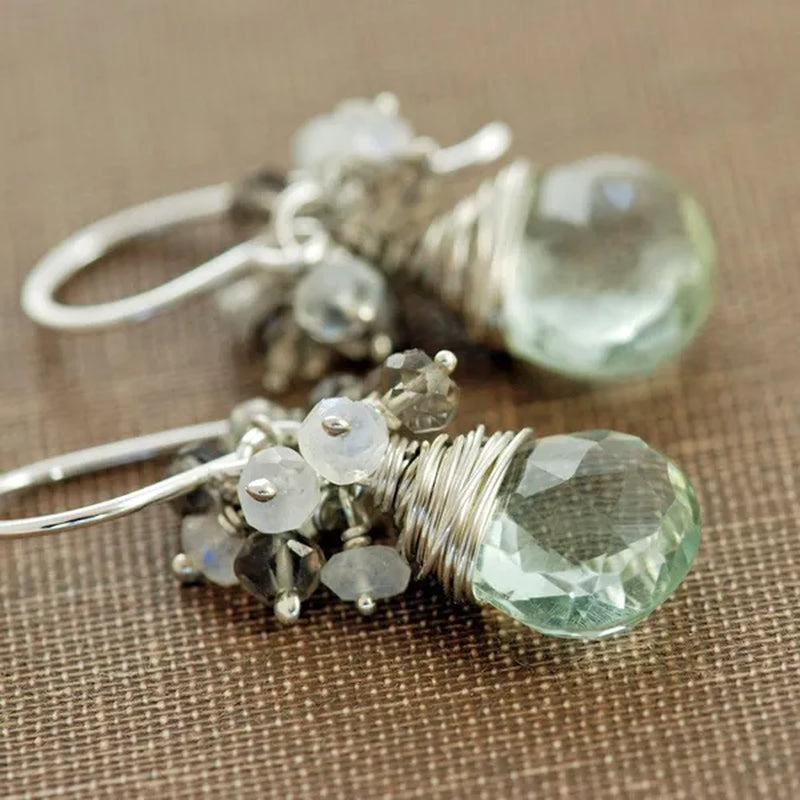 Sterling Silver Gemstone Cluster Earrings, Green Amethyst Moonstone Smoky Quartz, Handmade Earrings,