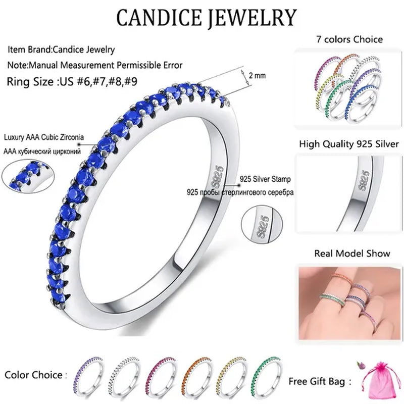 CANDICE Simple Sterling Silver Plated Eterity Wedding Ring Pave Natural Rose Red Green Blue Cubic Zirconia Stackable Rings Fashion Jewelry for Women Engagement Gift（Us SIZE 6-9）
