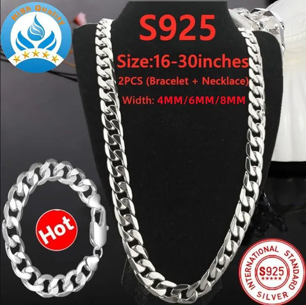 Wholesale 925 Sterling Silver Fashion Jewelry Sets 4MM/6MM/8MM Curb Link Chain Necklace Bracelet for Women and Men Fashion Wedding Party Engagement Jewelry Gift-Genuine Sterling Silver