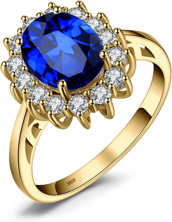 Princess Diana Kate Middleton Class Gemstone Birthstone Sapphire Halo Engagement Rings for Women, Anniversary 14K White Yellow Rose Gold Plated 925 Sterling Silver Promise Rings for Her