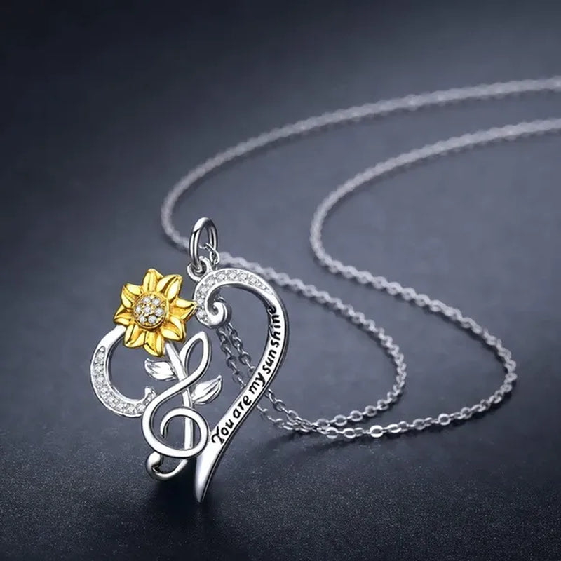 Sunflower Necklace 925 Sterling Silver - You are My Sunshine Sunflower CZ Heart Pendant Necklace Infinity Musical Note Flower Jewelry Gift for Women Lover Friends