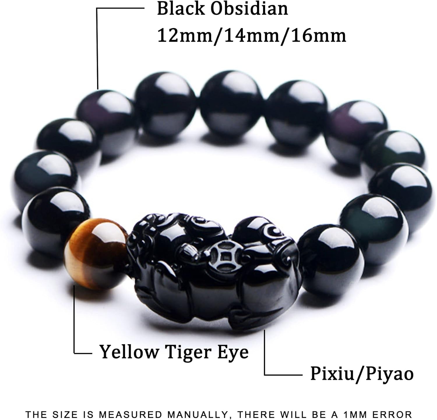 Beaded Bracelets,Protection Bracelets for Men Women，Feng Shui Bracelet Amulet Pixiu Black Vintage Bracelet Natural Black Obsidian Tiger Eye Beaded Chakra Balancing Bracelet Crystal Ward-Off Evil Spiri