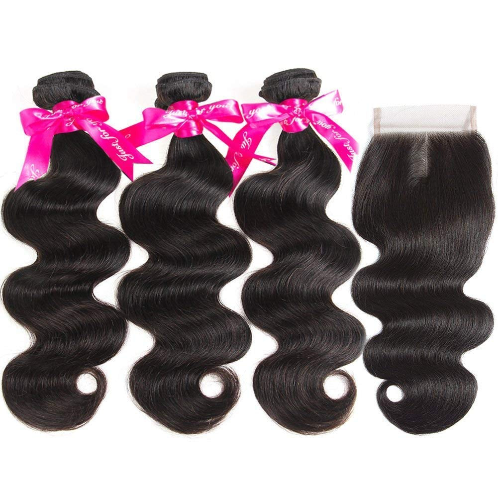 Beauty Princess Body Wave Human Hair 3 Bundles with Closure Double Weft 10A Brazilian Hair Bundles with Closure (14/16/18+12Inch, 3 Bundles with Closure)
