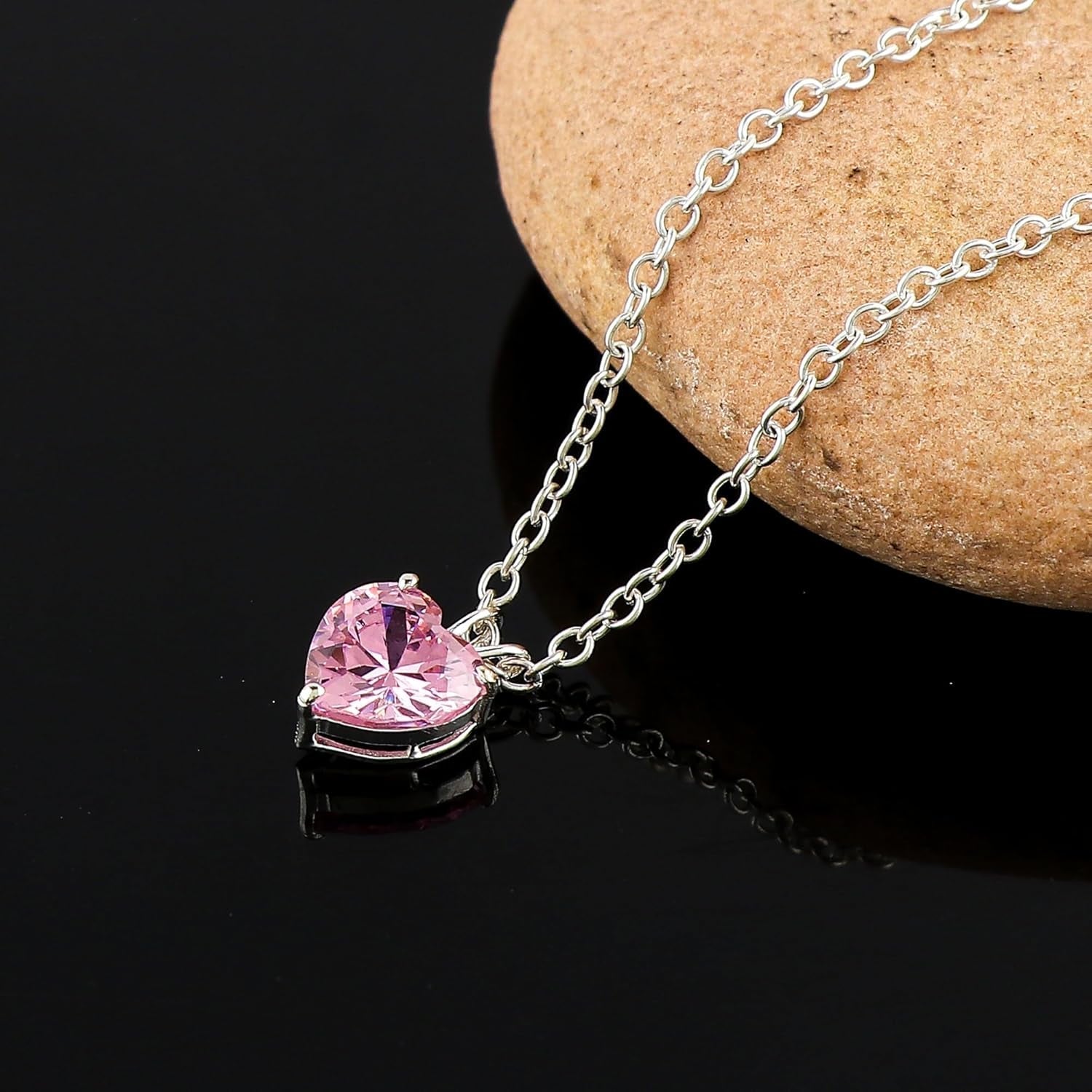 Synthetic Pink Sapphire Heart Pendant Necklace, Crystals Pendant, Energy Healing Crystals Birthstone Jewelry, 16 + 2 Inch Silver Plated Adjustable Chain