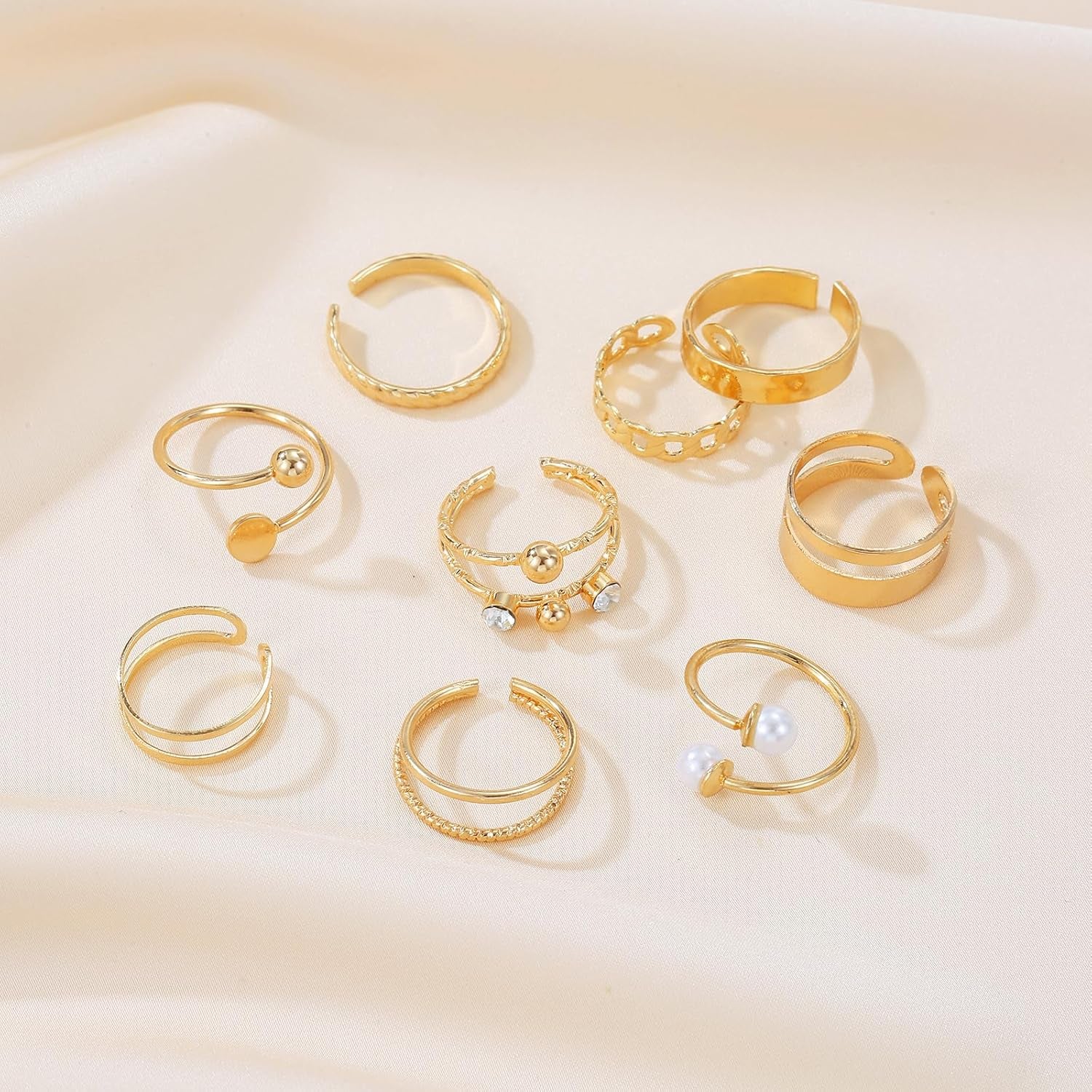 9Pcs Gold Adjustable Rings for Women Stackable Knuckle Ring Set with Pearl Exquisite Simple Fashion Jewelry for Thumb and Knuckles Adjustable Size in Pink Box