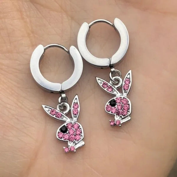 Playboy Full Diamond Rabbit Stainless Steel Ear Buckle Earrings for Men and Women