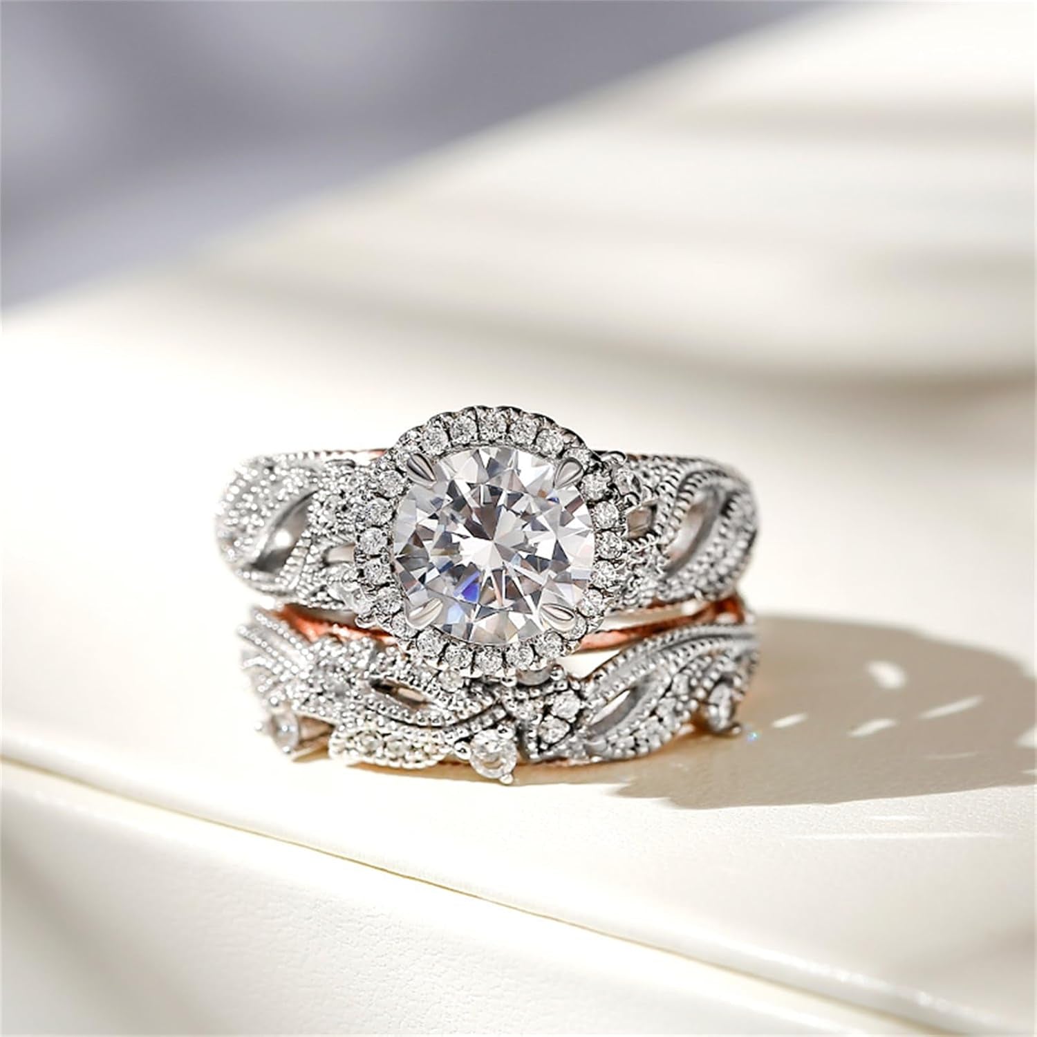 4 Carat Openwork Ring Sets for Women 925 Sterling Silver Wedding Sets Rose Gold round Cut Halo Engagement Ring White Diamond Band CZ Solitaire Anniversary Promise Rings