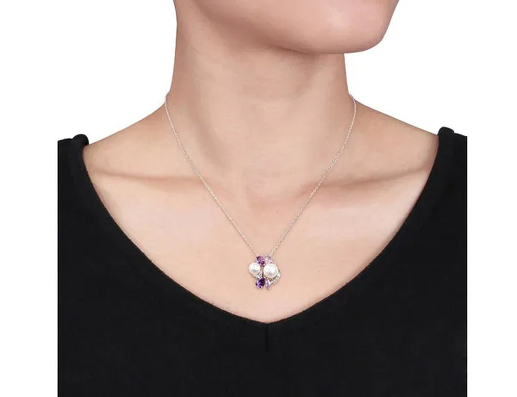 White Freshwater Cultured Pearl, Amethyst, Created Pink, White Sapphire Cluster Pendant Necklace Sterling Silver
