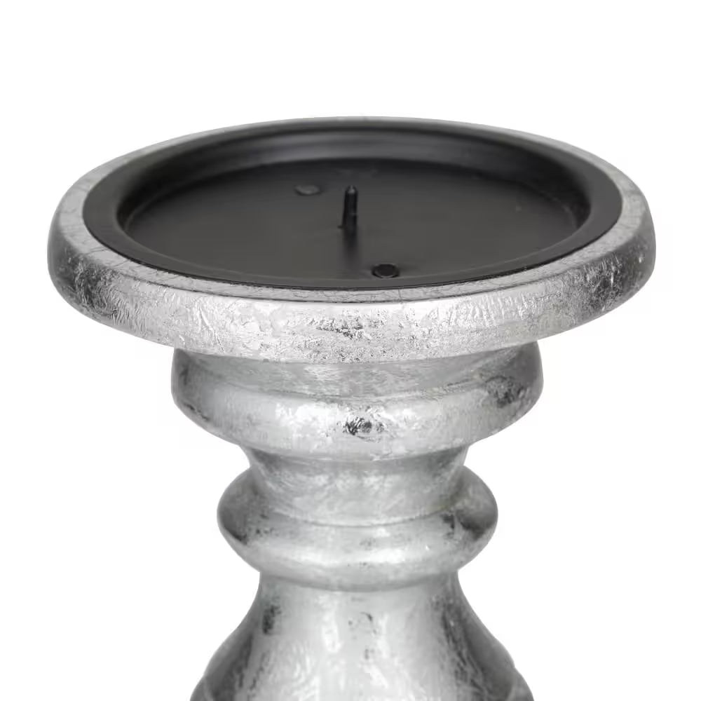 Silver Mango Wood Turned Style Pillar Candle Holder (Set of 3)