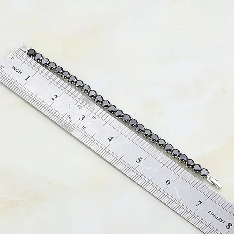 925 Sterling Silver Jewelry Black Sapphire White Topaz round Link Chain Bracelet 7 Inch for Women Wedding Free Gift Box