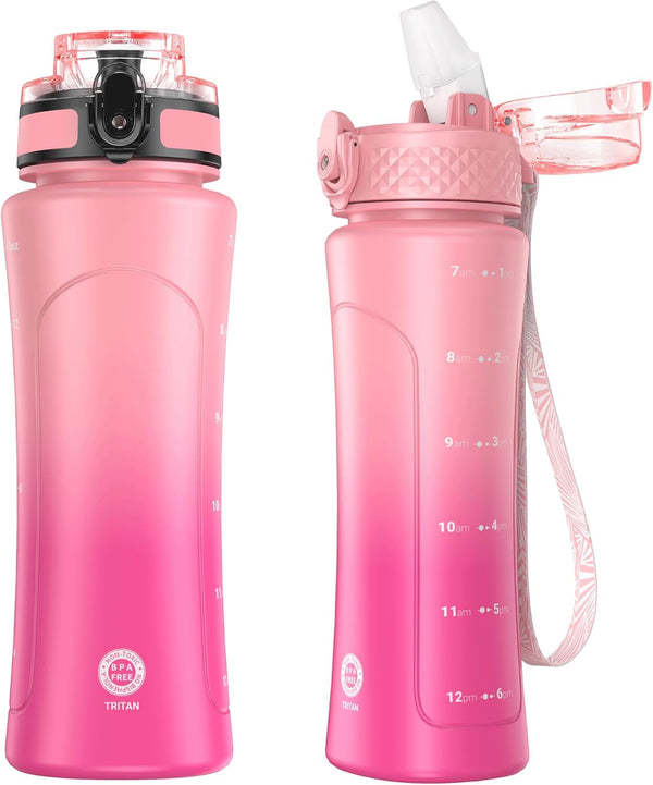 Kids Water Bottle for School with Straw Chug Lid, 15 Oz Unbreakable Leak-Proof Bpa-Free Motivational Water Bottles with Time Marker for Travel Sports Gym, Pink Purple