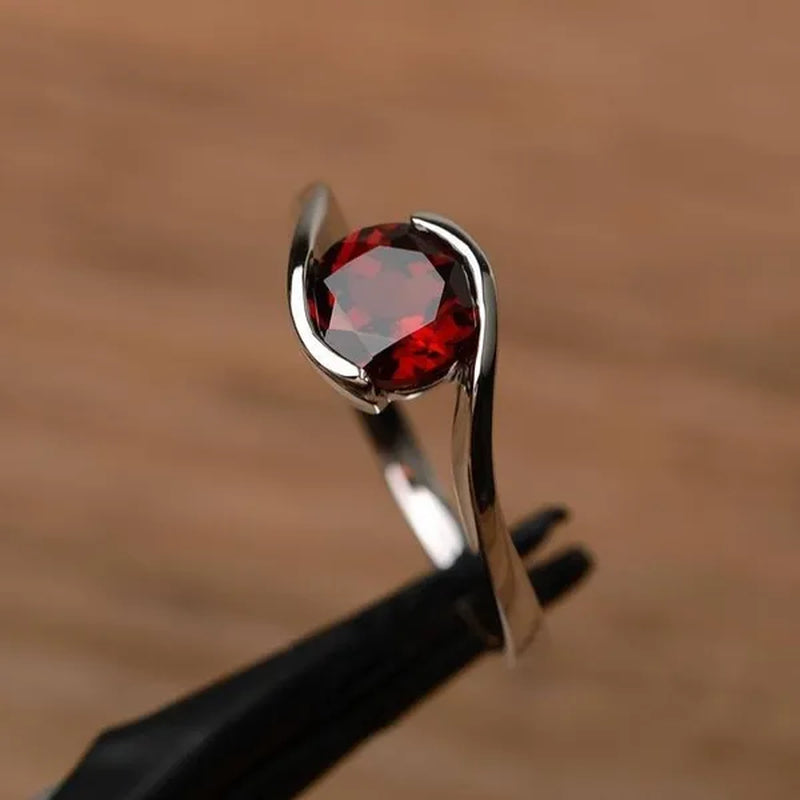 Silver Natural Garnet Ring Promise Engagement Ring round Cut Sterling Silver Ring Solitaire January Birthstone Red Gemstone Ring