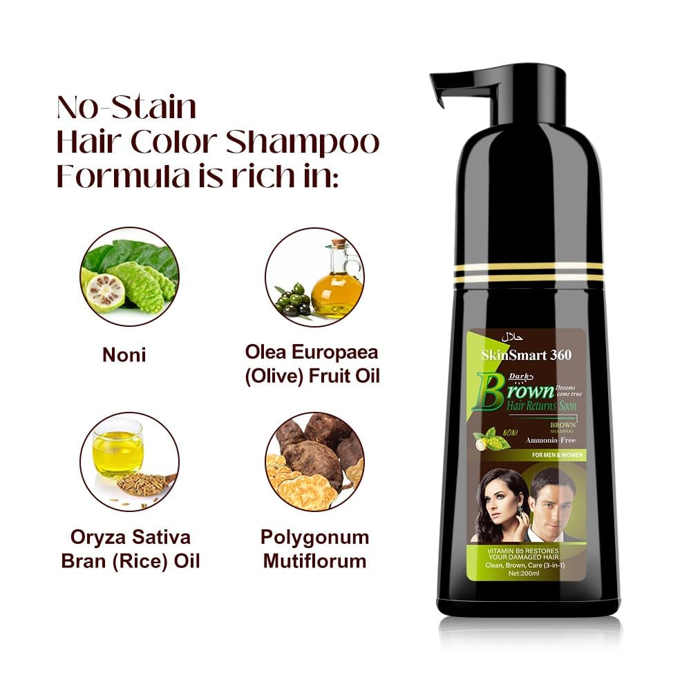 No-Stain Hair Dye Shampoo for Men & Women, Natural Ingredients, Ammonia-Free, up to 100% Gray Coverage, Easy No-Mix Application, 200 Ml, Pack of 1 (Dark Brown)