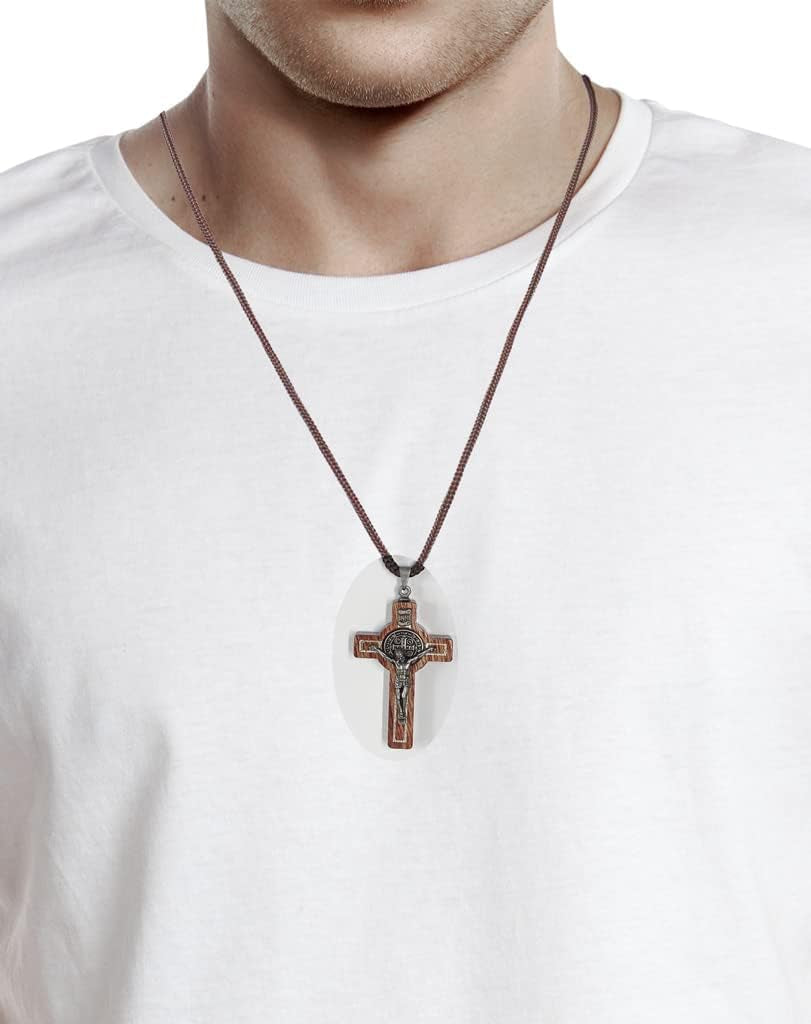 Saint Benedict Medal Wood Crucifix Cord Necklace for Men & Women – Handcrafted Religious Pendant, Healing, Travel Protection, Perfect for Gifting on Special Occasions, Made in Brazil