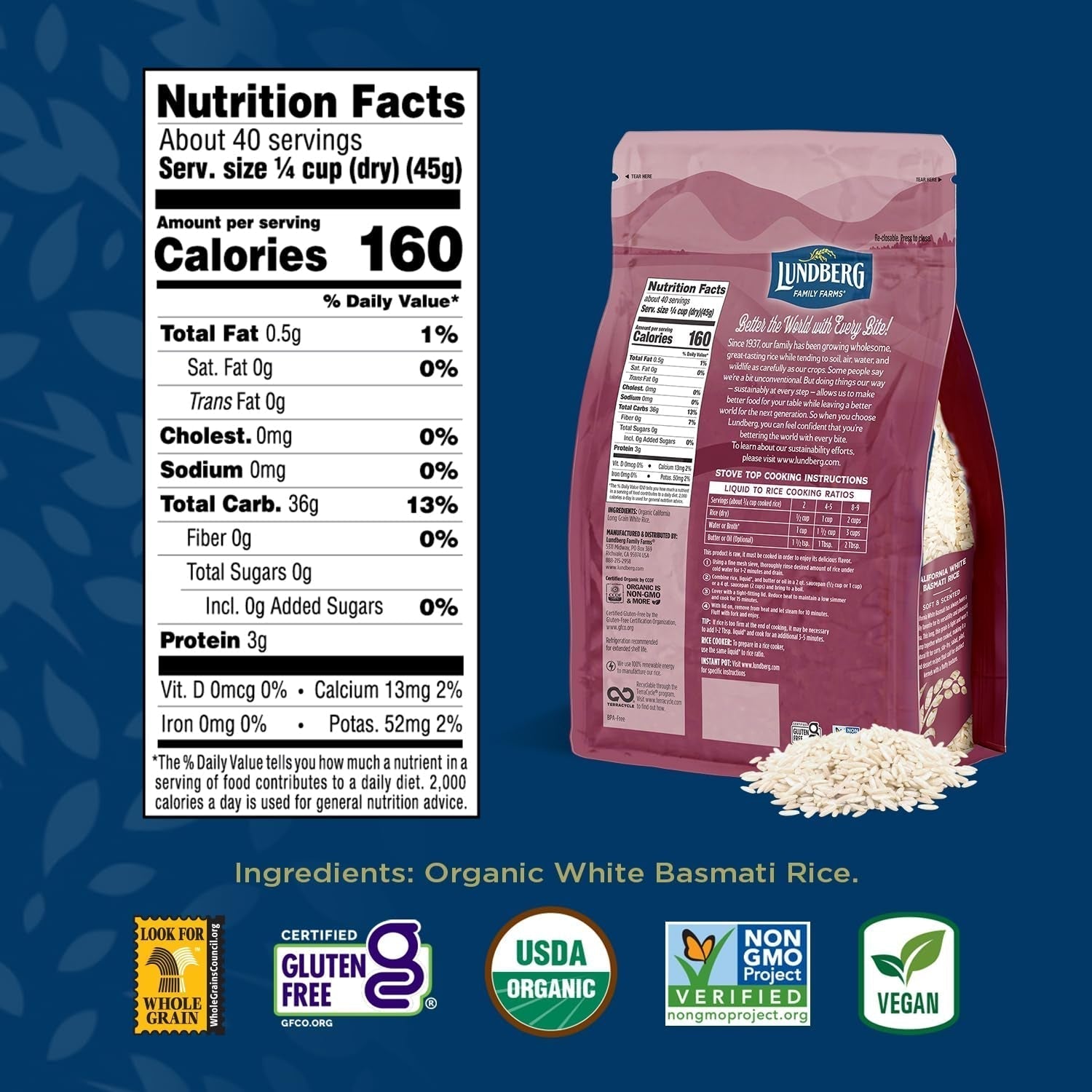 Basmati Rice, Organic Long Grain White Rice - Non-Sticky, Fluffy, Nutty, Aromatic Rice, Vegan Food, Healthy Meals, Gluten-Free Rice Grown in California, 64 Oz