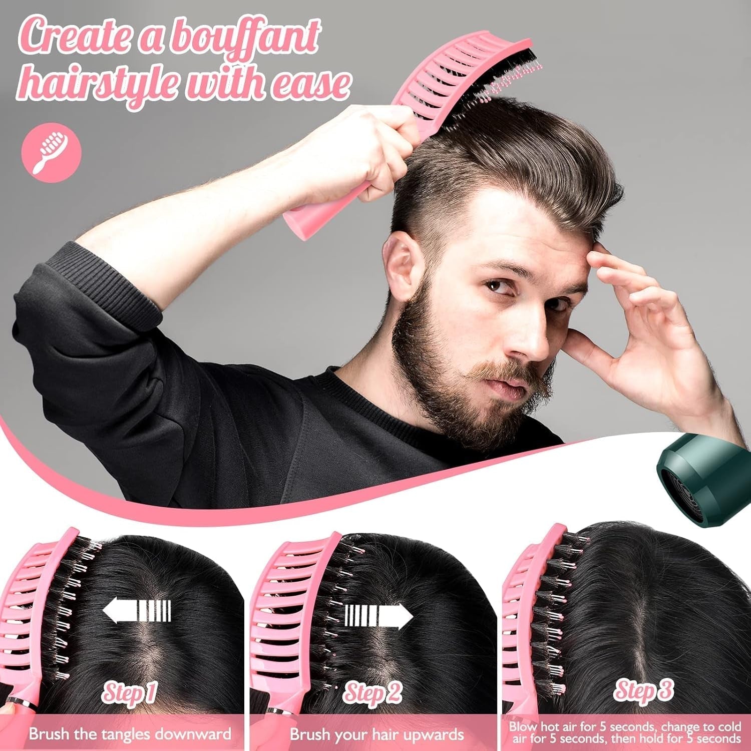 Hair Brush, Detangling Hairbrush Boar Bristle Curved Vented Hair Brush for Women Men Kids Curly Thick Long Short Wet or Dry Hair, Faster Blow Drying(2Pack, Black&Pink)