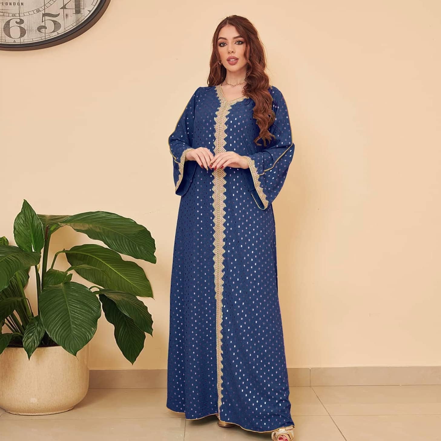 Womens Muslim Abaya Dress One-Piece V Neck Bronzing Dress Islamic Full Length Kaftan Daily Casual Dress