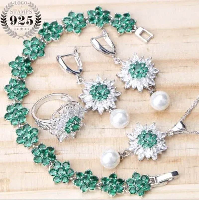 Elegant Lady Ring Earrings Bracelet Necklace 925 Silver Jewelry Set Exquisite Flower Shaped Green Gem White Diamond Pearl Party Jewelry Wedding Engagement Set Jewelry Anniversary Gift Ring Size 5-11