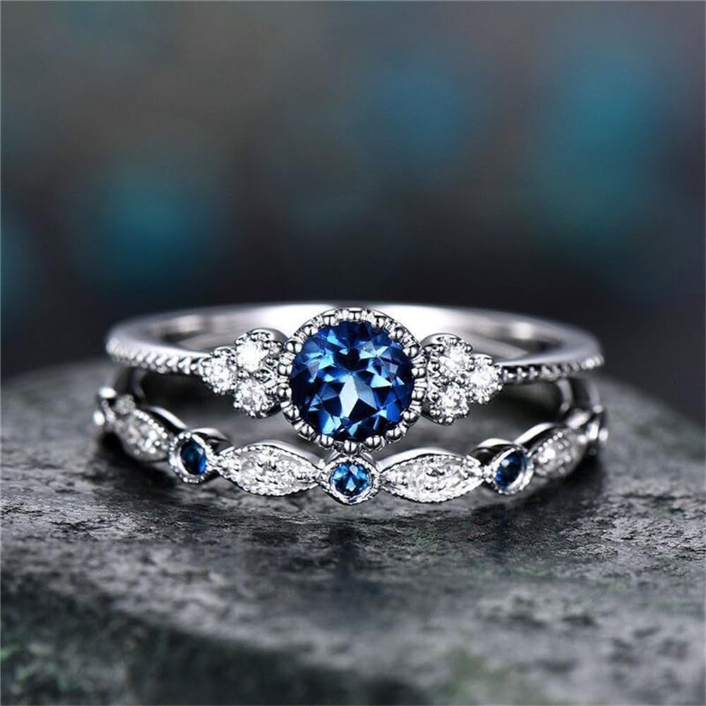 Fashion 2PCS 925 Sterling Silver Natural Sapphire Ring round Cut Cubic Zirconia Promise Rings CZ Classical Eternity Engagement Wedding Band Ring Set for Women (US Code 8)