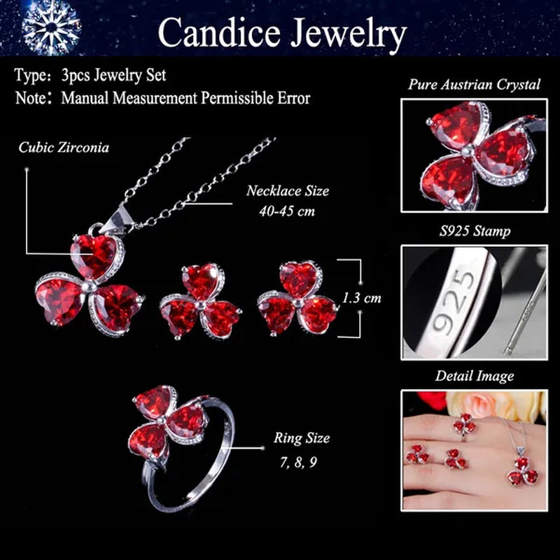 CANDICE Sterling Silver Plated Heart Shape Jewelry Set Pave Austrian Purple Pink Champagne Crystal Drop Dangle Necklace Earrings Ring Sets for Women Girls