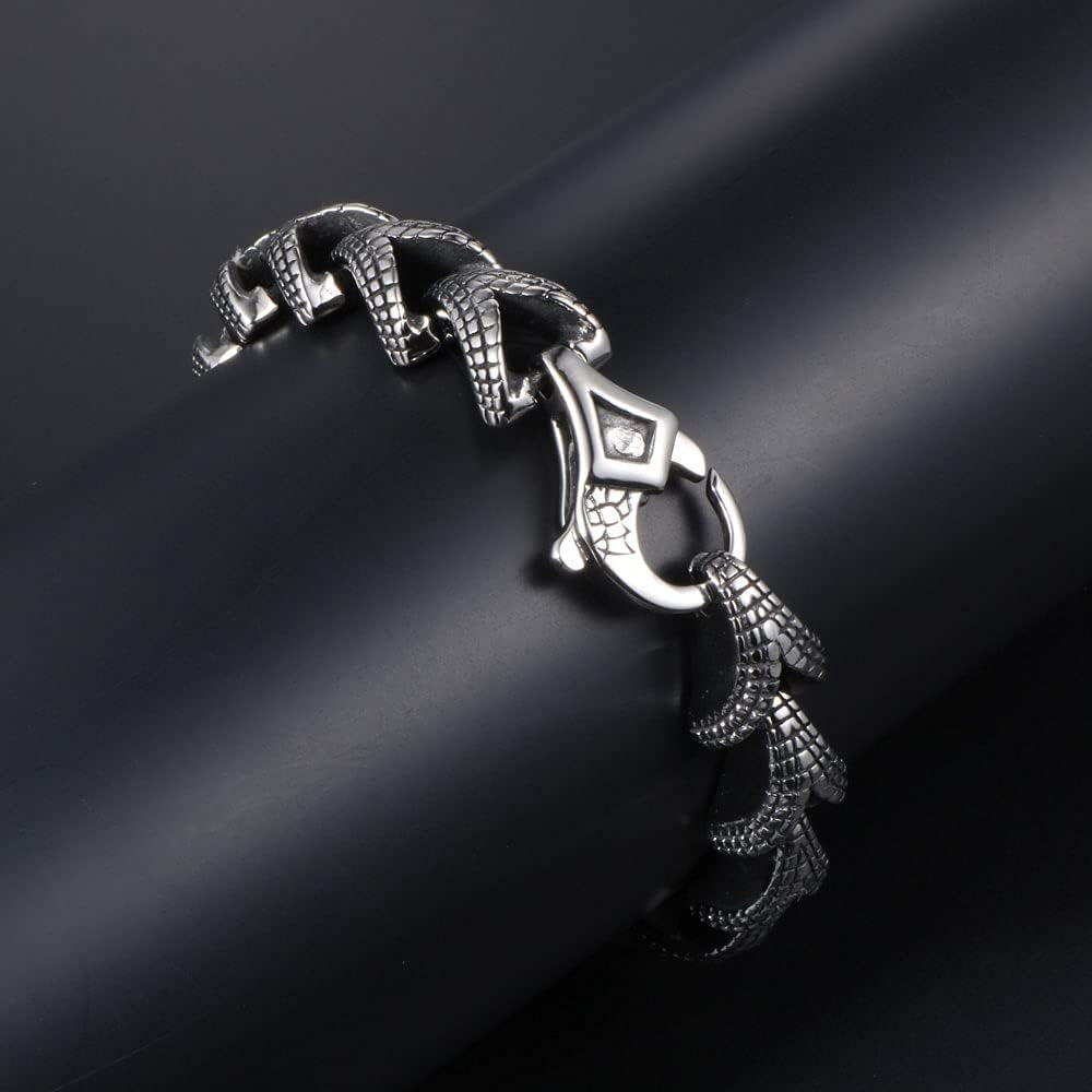 Stainless Steel Link of Dragon Scale Bangle Bracelet for Men Punk Rock Vintage Silver Bracelet
