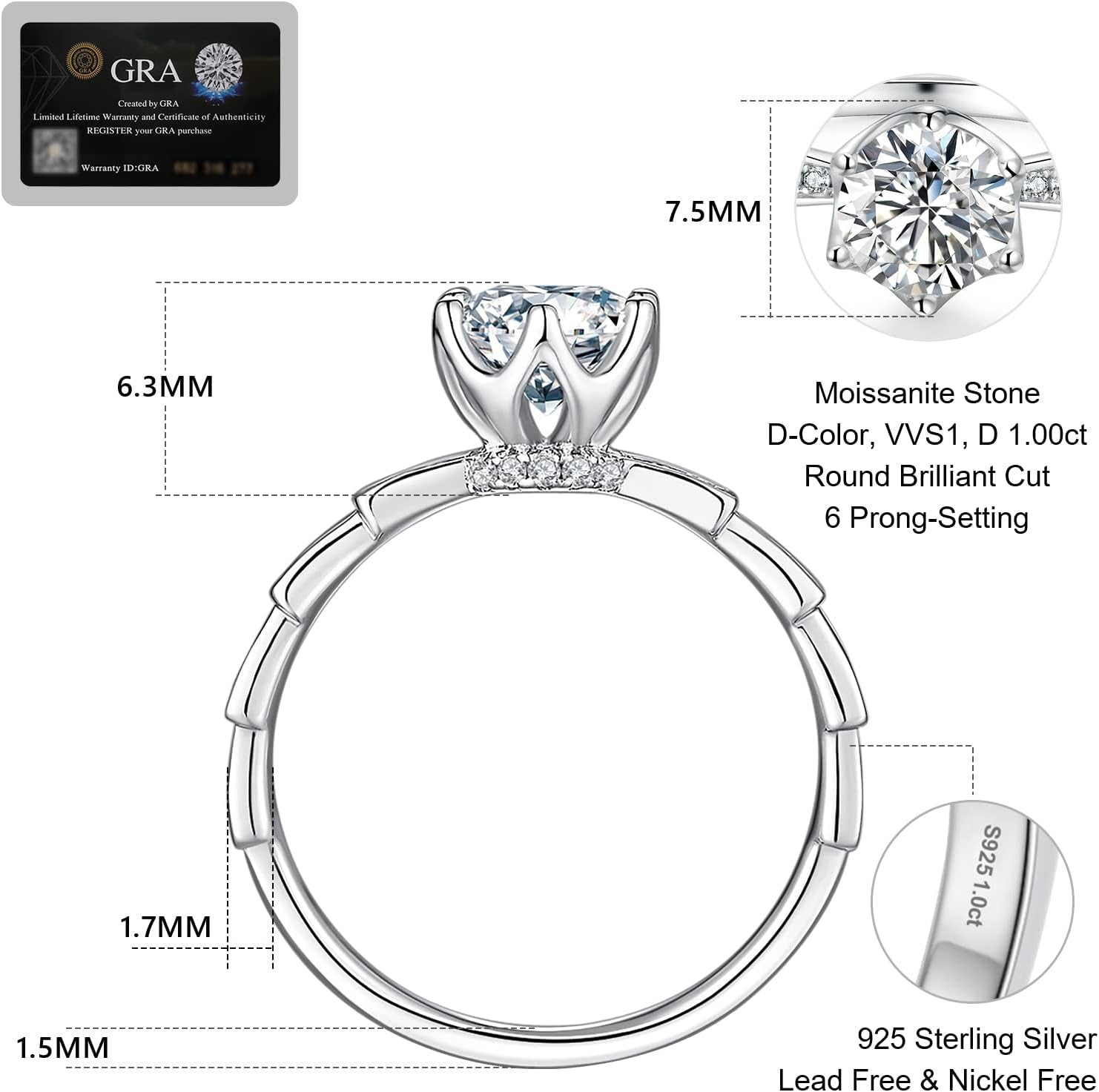 KRKC&CO Engagement Rings, Wedding Band with Moissanite Diamond, 1 Carat VVS1 Solitaire Clarity Stone, 925 Sterling Silver, Ideal for Women for Wedding, Anniversary and Proposal