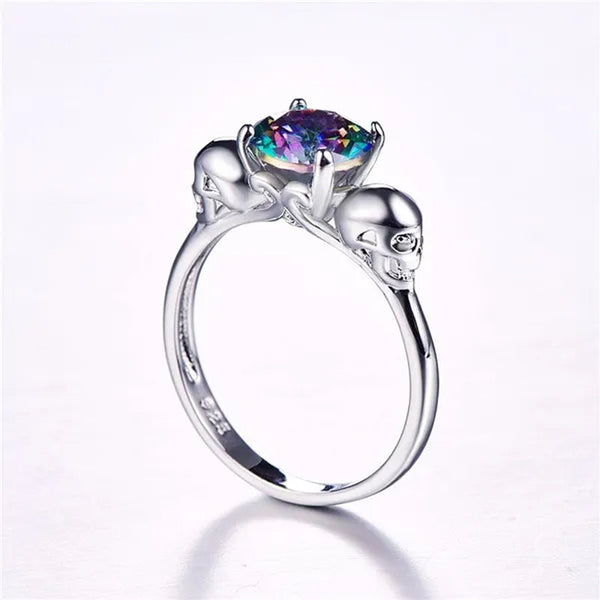 Women Men Rainbow Topaz & Black Spinel Gemstone 925 Sterling Silver Wedding Engagement Band Cocktail Skull Ring Size 6 7 8 9