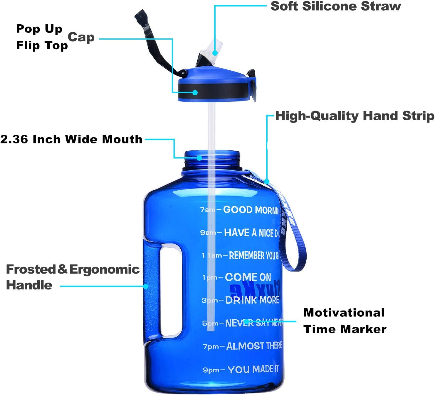 1 Gallon Motivational Sports Water Bottle with Time Marker, BPA Free 128Oz Leak Proof Jug, Black, Plastic, 128 Ounces, Fitness, Sports, Outdoor Activities