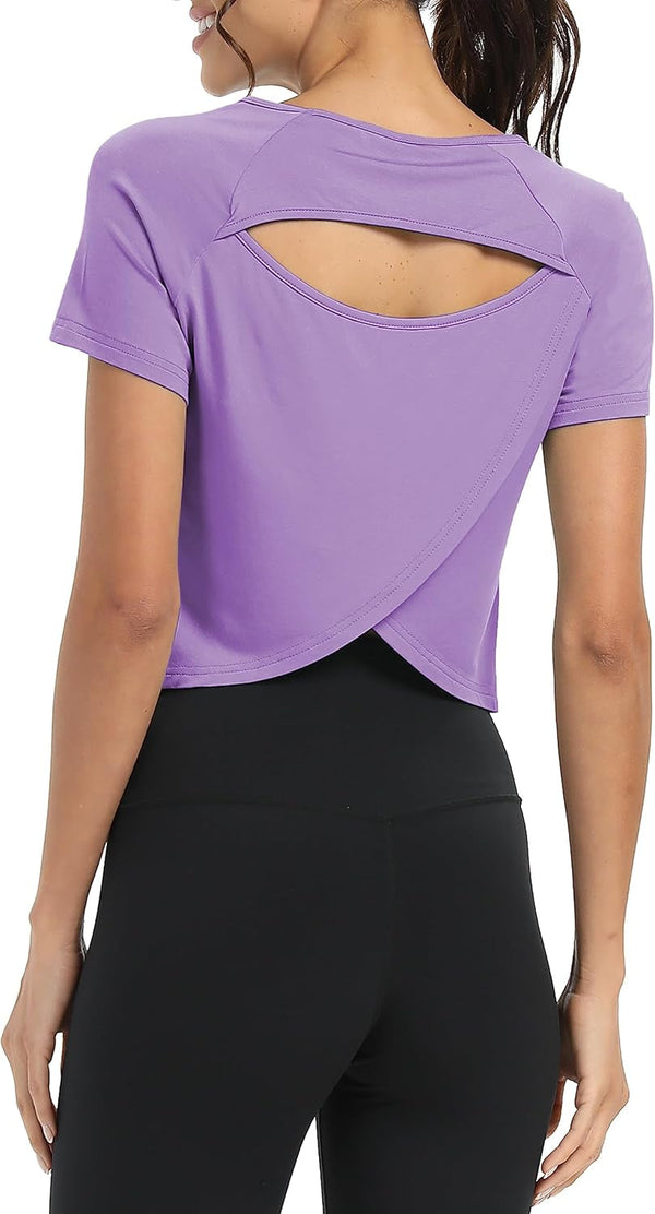 Women Short Sleeve Cross Back Workout Crop Tops Backless Yoga Athletic Gym Shirts