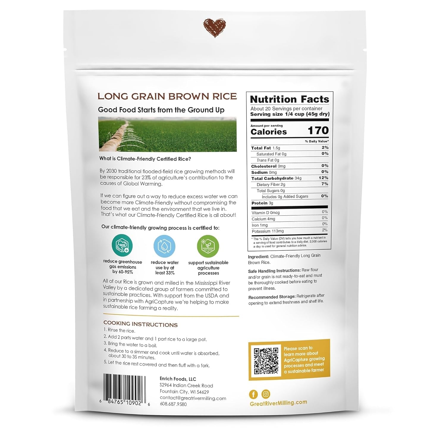 Climate Friendly Brown Rice, Long Grain Brown Rice Cooker Ready, Gluten Free, Vegan, Kosher, Vegetarian, Non-Gmo, Plant Based, US Sustainably Grown, 2Lb. Resealable Bag (Pack of 3)
