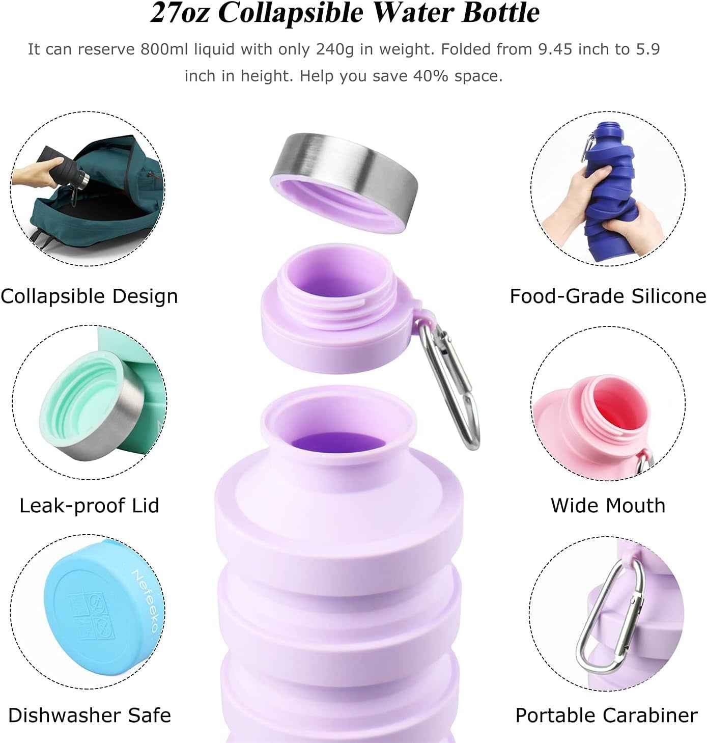 Collapsible Water Bottle, Reuseable BPA Free Silicone Foldable Water Bottles for Travel Gym Camping Hiking, Portable Leak Proof Sports Water Bottle with Carabiner