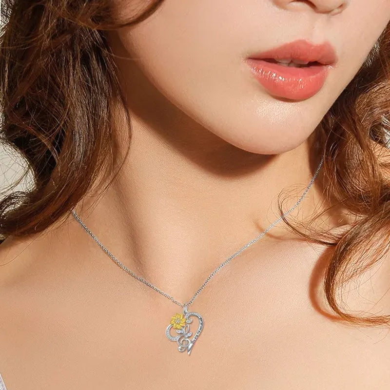 Sunflower Necklace 925 Sterling Silver - You are My Sunshine Sunflower CZ Heart Pendant Necklace Infinity Musical Note Flower Jewelry Gift for Women Lover Friends